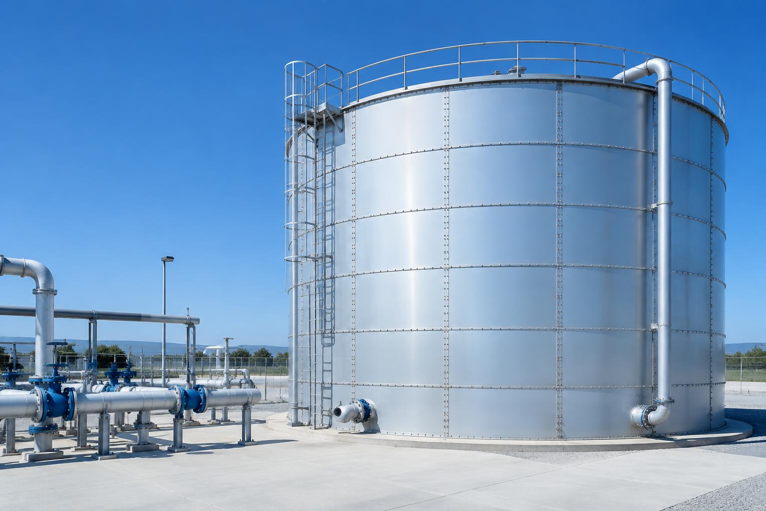Tanque industrial de almacenamiento de agua visto desde el exterior